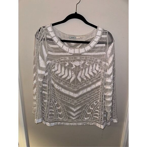 Kimchi Blue Anthropologie White Beaded Sequin Blouse Large Sheer Cut Out - Picture 1 of 5